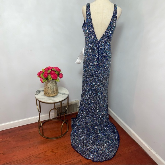 # Mac Duggal Navy / Blue Sleeveless Sequin Embellished Sheath Gown W/ High Slit - Picture 10 of 15